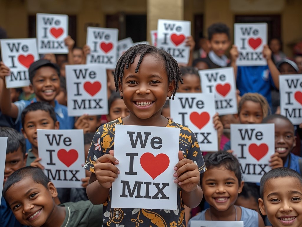 Max surrounded by a group of smiling children, each holding