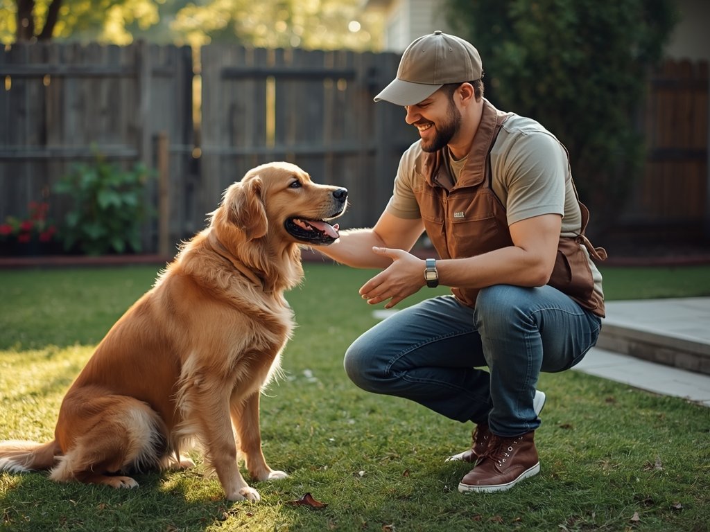 Mike, the delivery driver, kneeling down to pet the golden