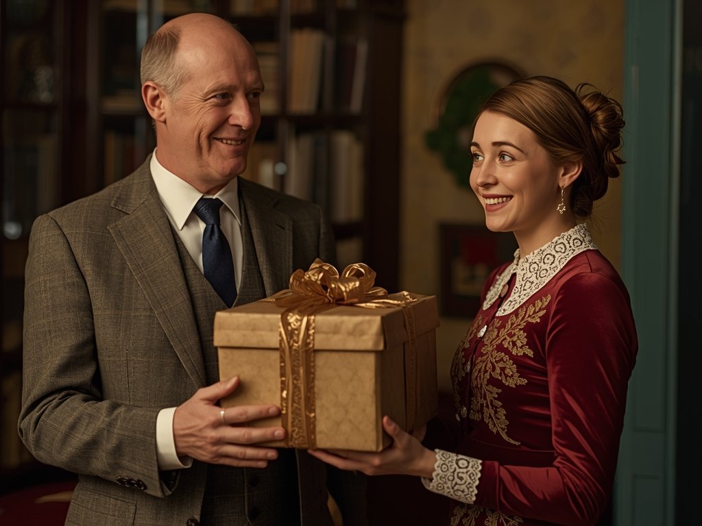 Mr. Johnson presenting Emily with a beautifully wrapped, vintage-looking box,