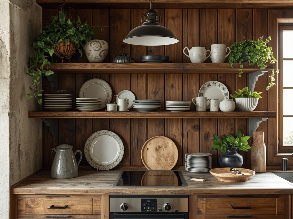 Open wooden shelves in a rustic kitchen, displaying a collection