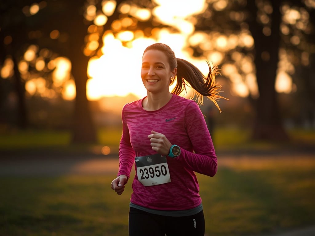 Sarah jogging in a park, looking energized and happy, with