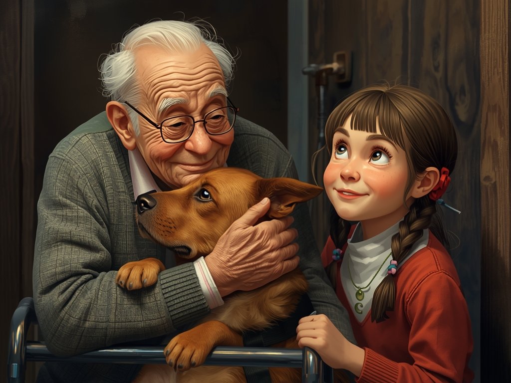 The elderly man, with a kind face and a walker