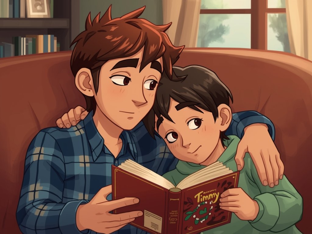 Timmy and Buddy sharing a tender moment, perhaps reading a