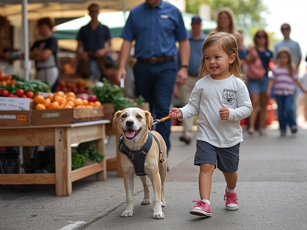 Timmy and Buddy walking through a vibrant farmers' market, greeting
