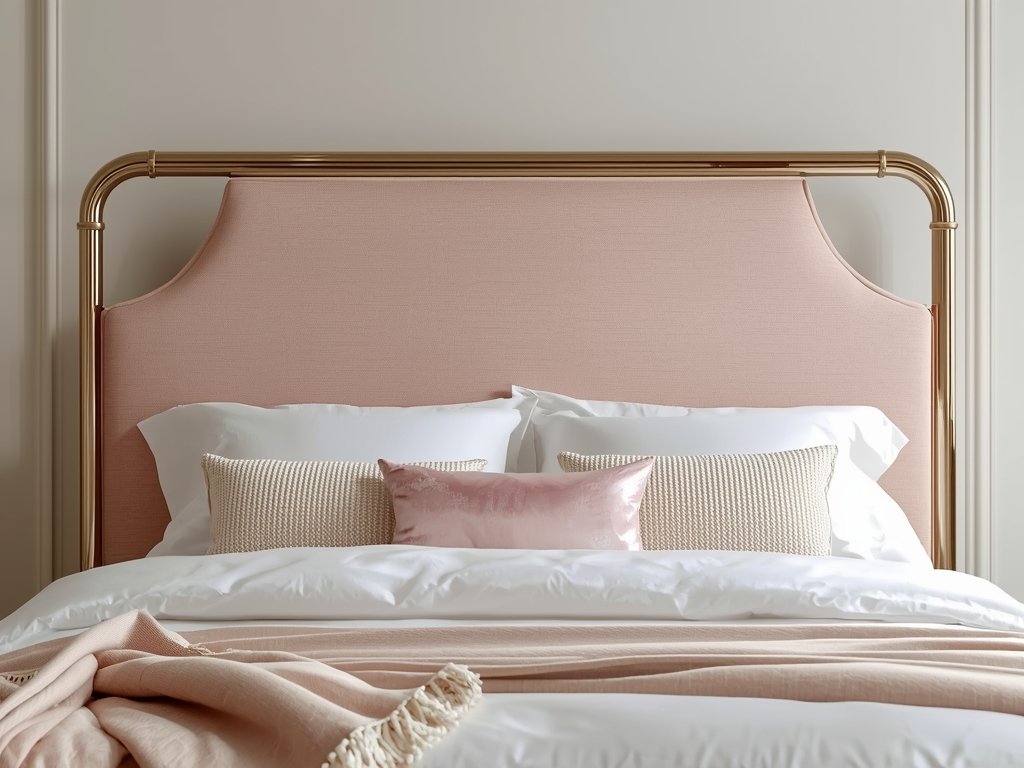 A bed layered with a chrome-trimmed headboard, blush