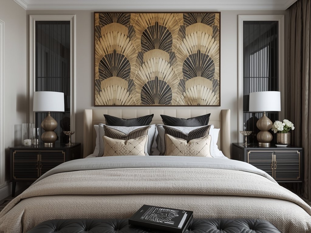 A bed with Art Deco-inspired bedding in geometric
