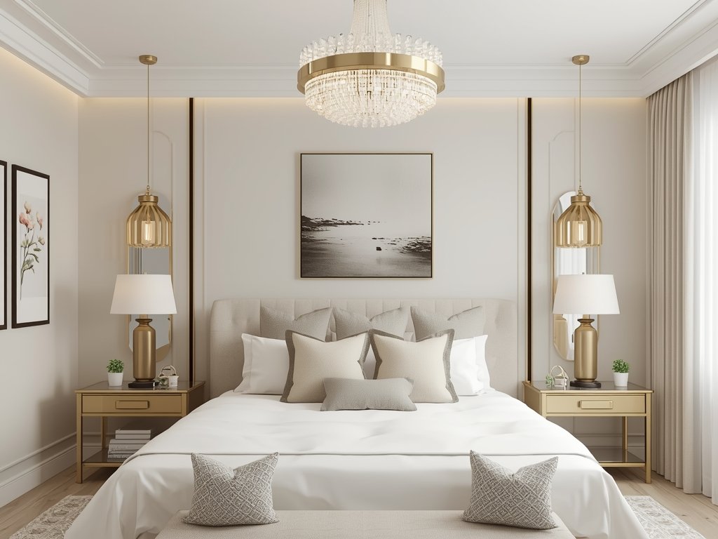 A bedroom with a chrome chandelier above the
