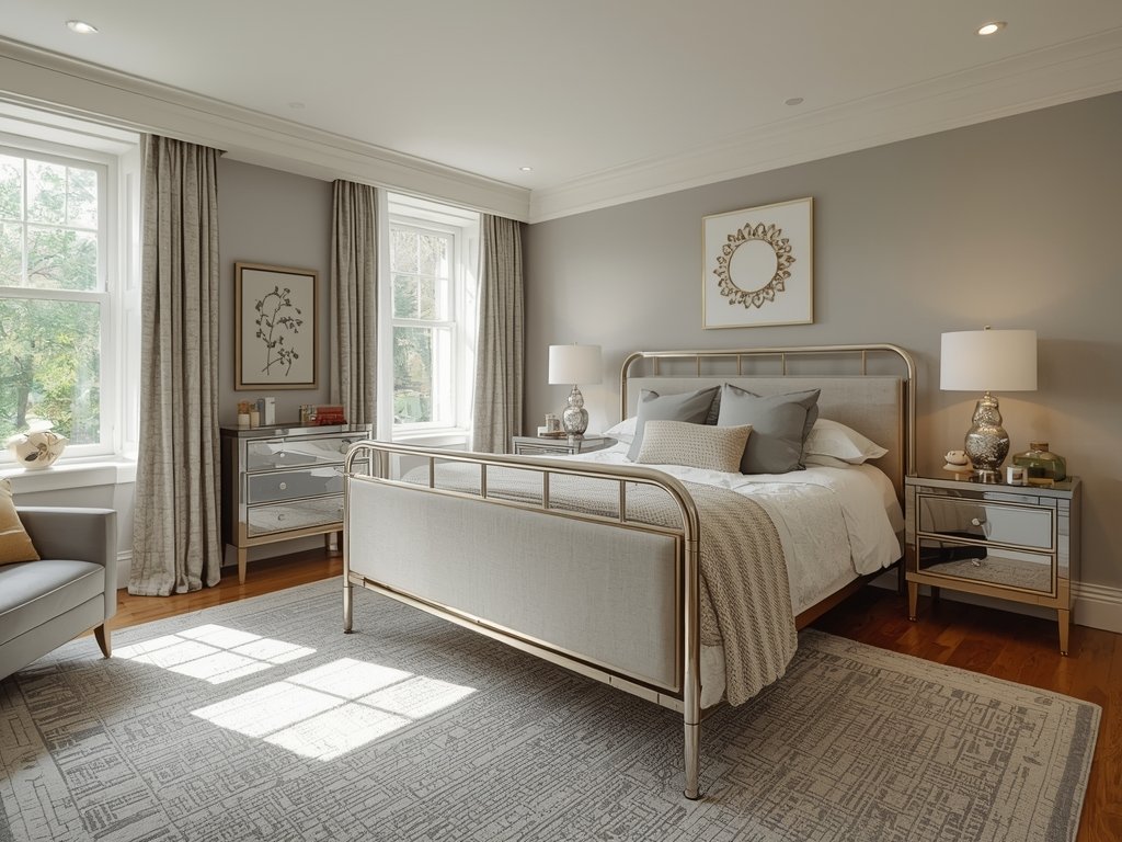A bedroom with a chrome-framed bed and matching