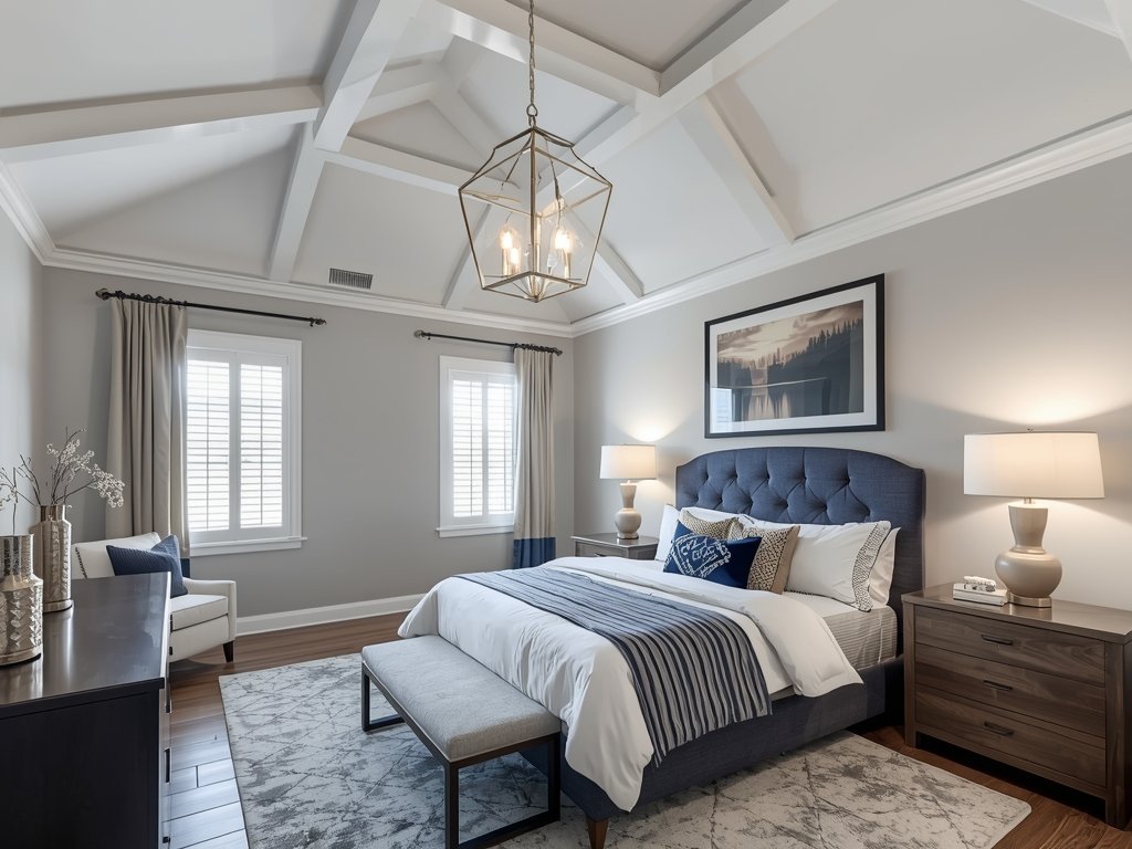 A bedroom with a geometric ceiling design in