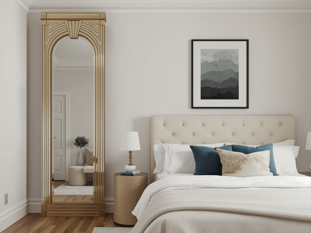 A bedroom with a large Art Deco mirror