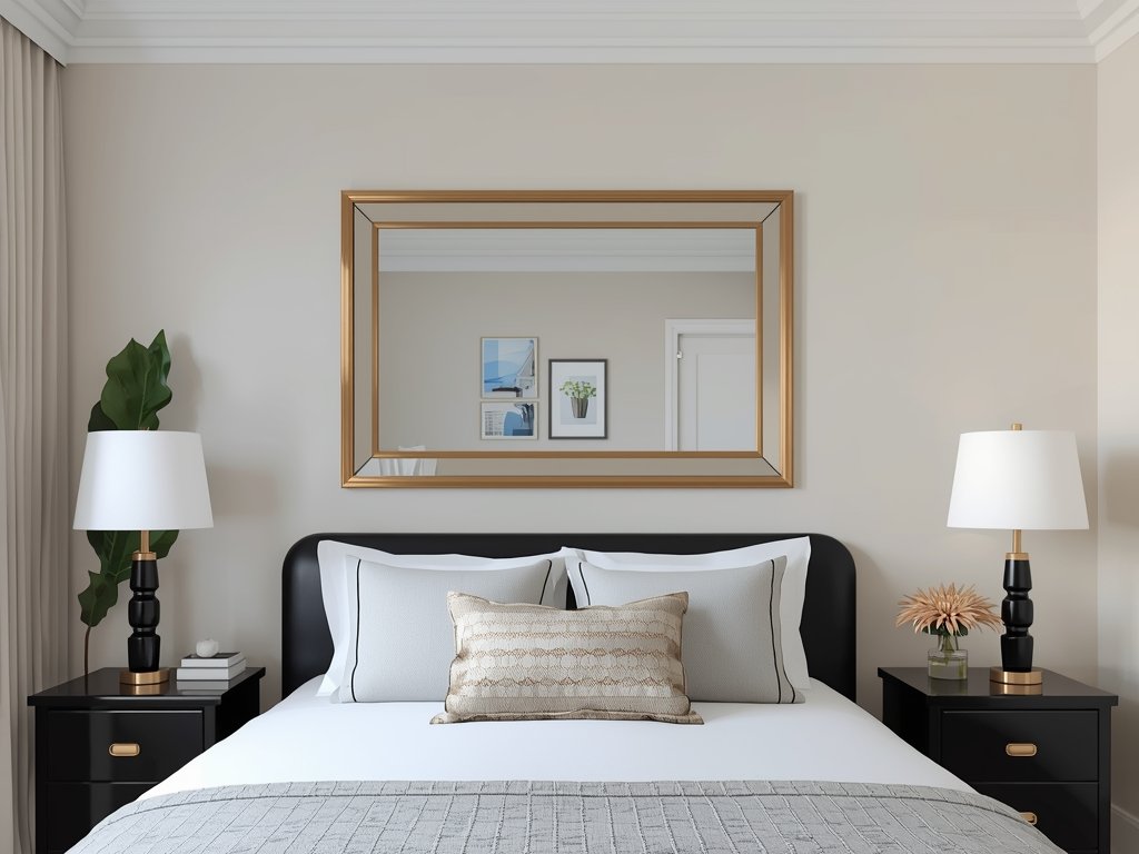 A bedroom with a large chrome-framed mirror above