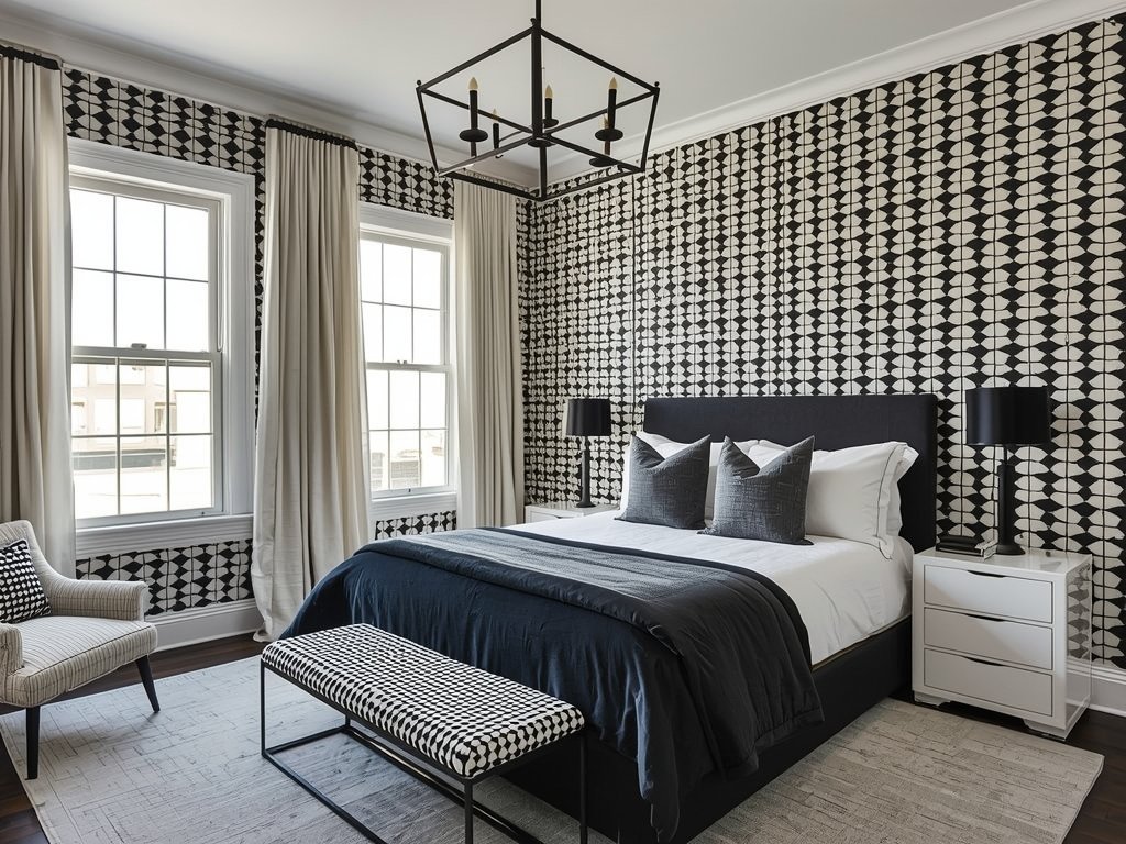 A bedroom with bold geometric wallpaper in black