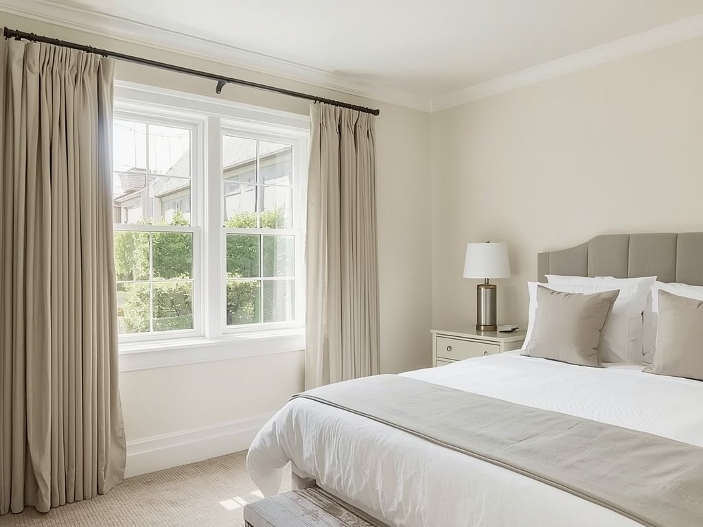 A bedroom with chrome curtain rods and hardware,