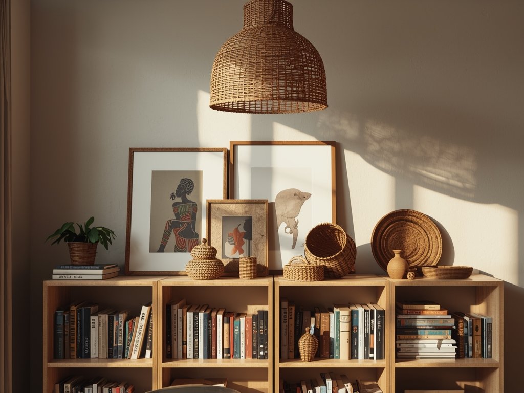 A bookshelf styled with a mix of books, African art pieces, and woven baskets. A rattan pendant light hangs above. Warm natural light, Afrohemian style, cinematic composition, 8K, professional interior photography.