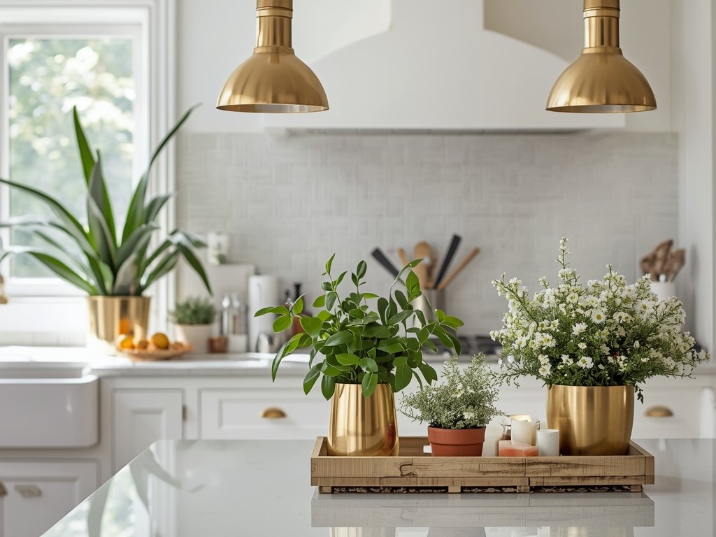 A bright kitchen with brass planters holding greenery