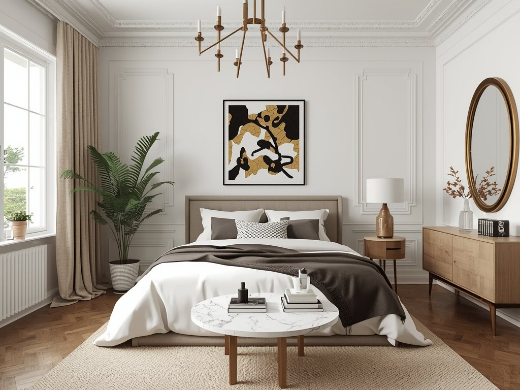 A chic bedroom with a small round marble