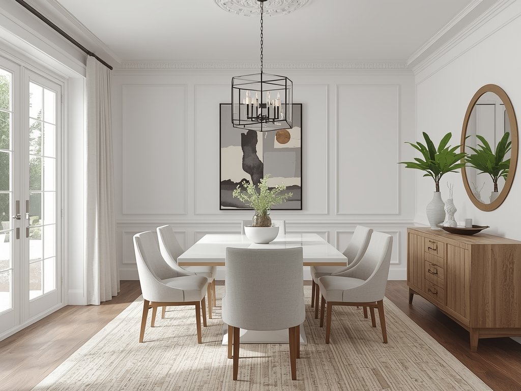 A chic dining room with a rectangular white