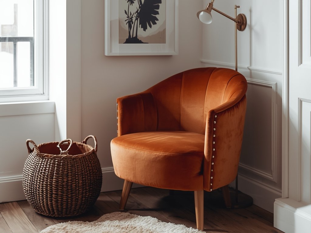 A compact armchair in burnt orange velvet nestled