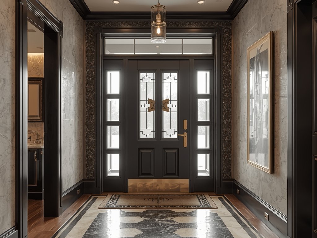 A compact Art Deco entryway with a brass