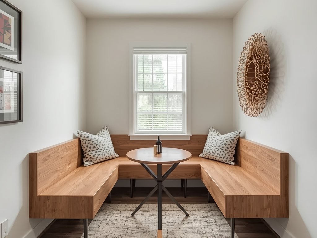 A compact corner nook with a wooden bench