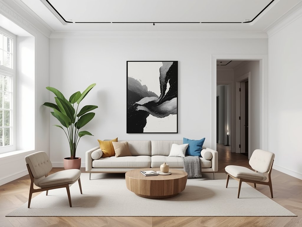 A contemporary art gallery-style living room with minimalist