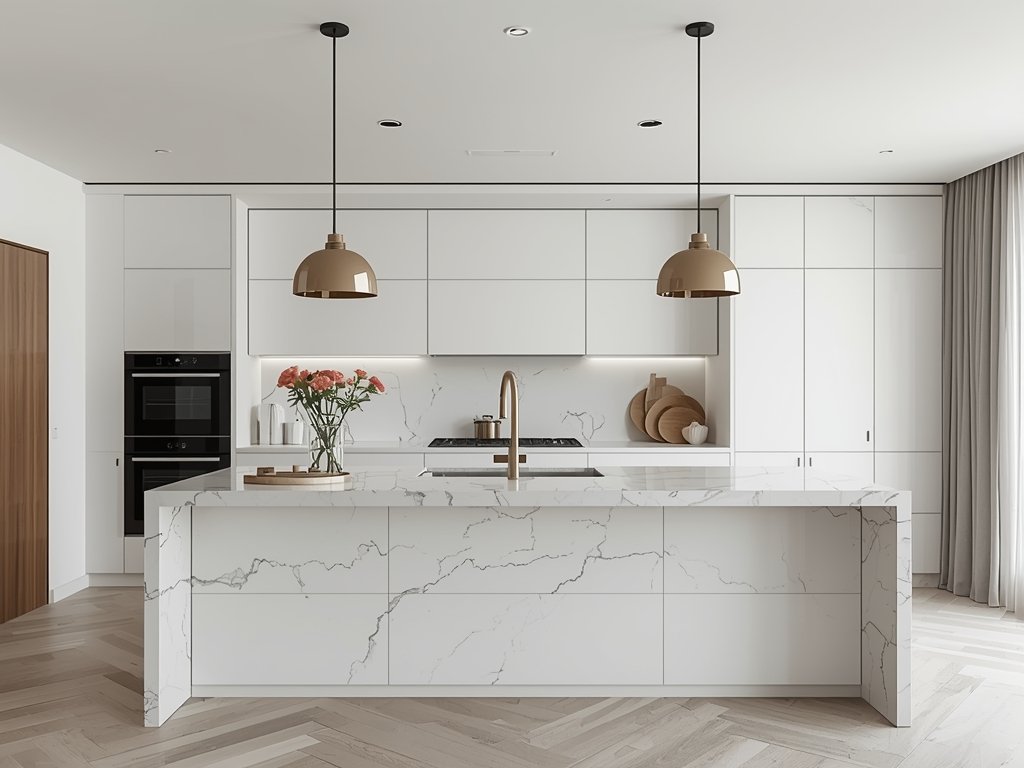A contemporary kitchen with a sleek white marble
