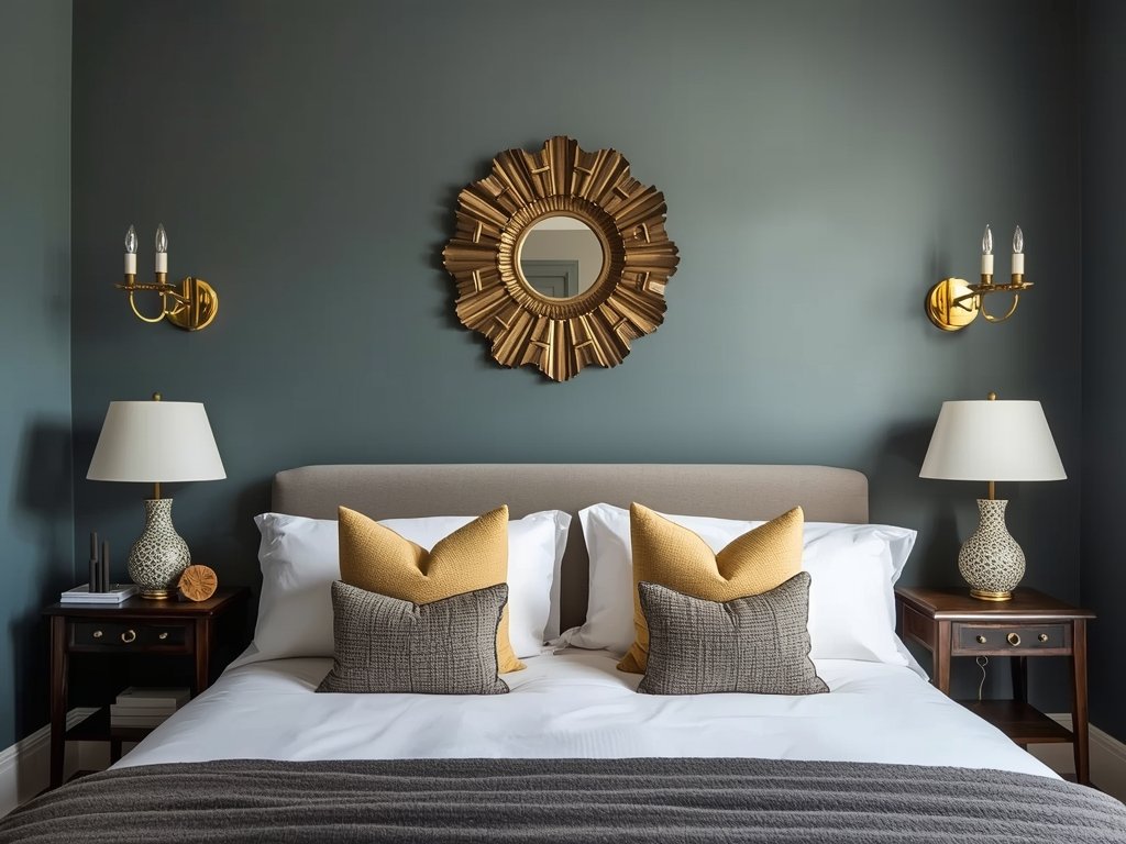 A cozy bedroom with brass wall sconces flanking