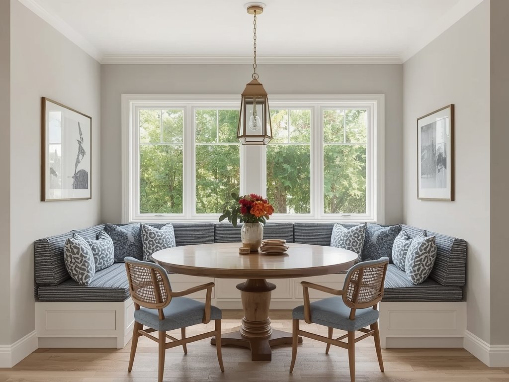 A cozy breakfast nook with brass lantern-style pendants,