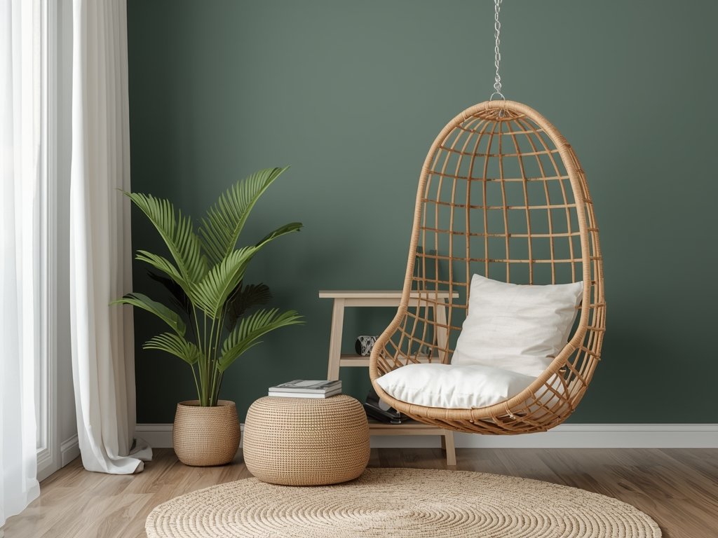 A cozy corner with a rattan hanging chair