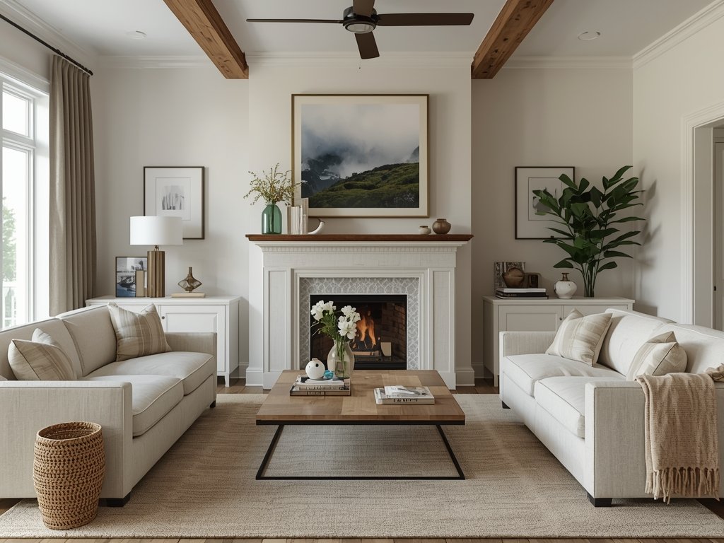A cozy living room with a fireplace featuring