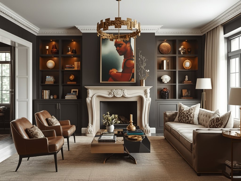 A cozy living room with a sculptural brass