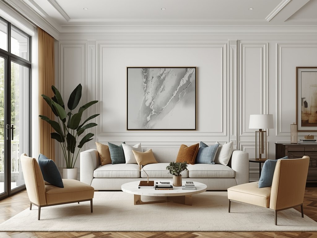 A cozy living room with a white marble