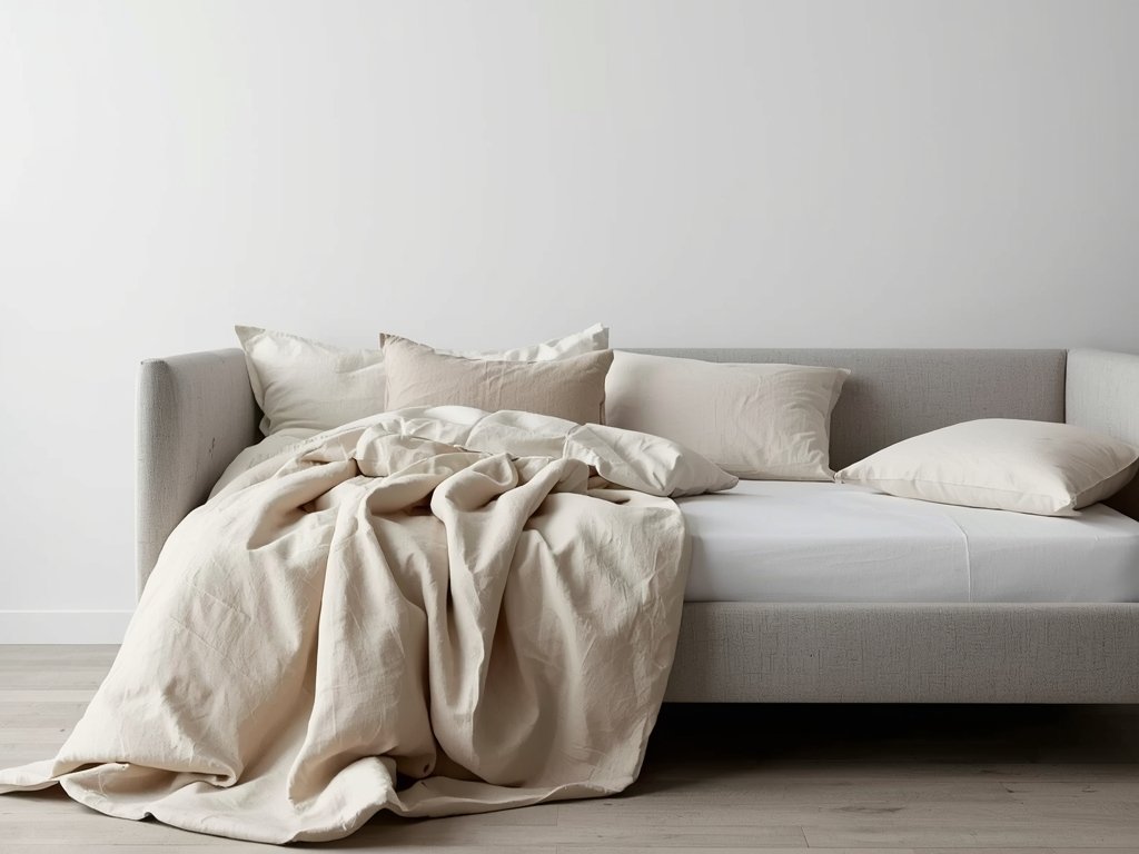 A daybed draped in linen throws and quilted