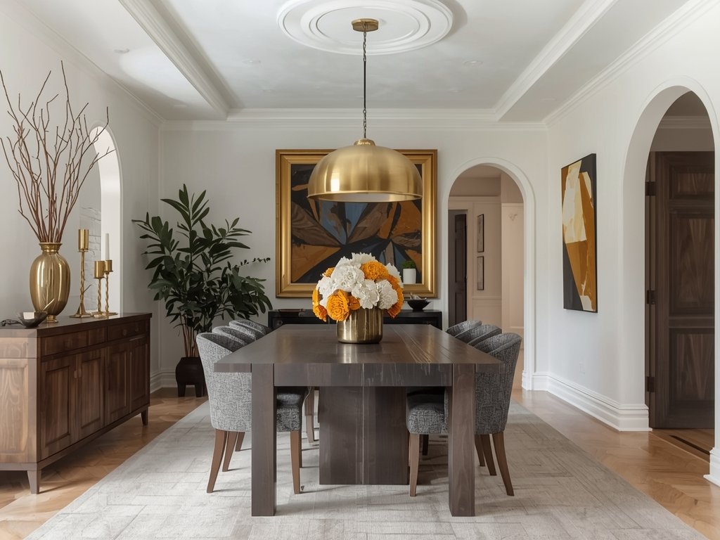 A dining room featuring a large brass pendant