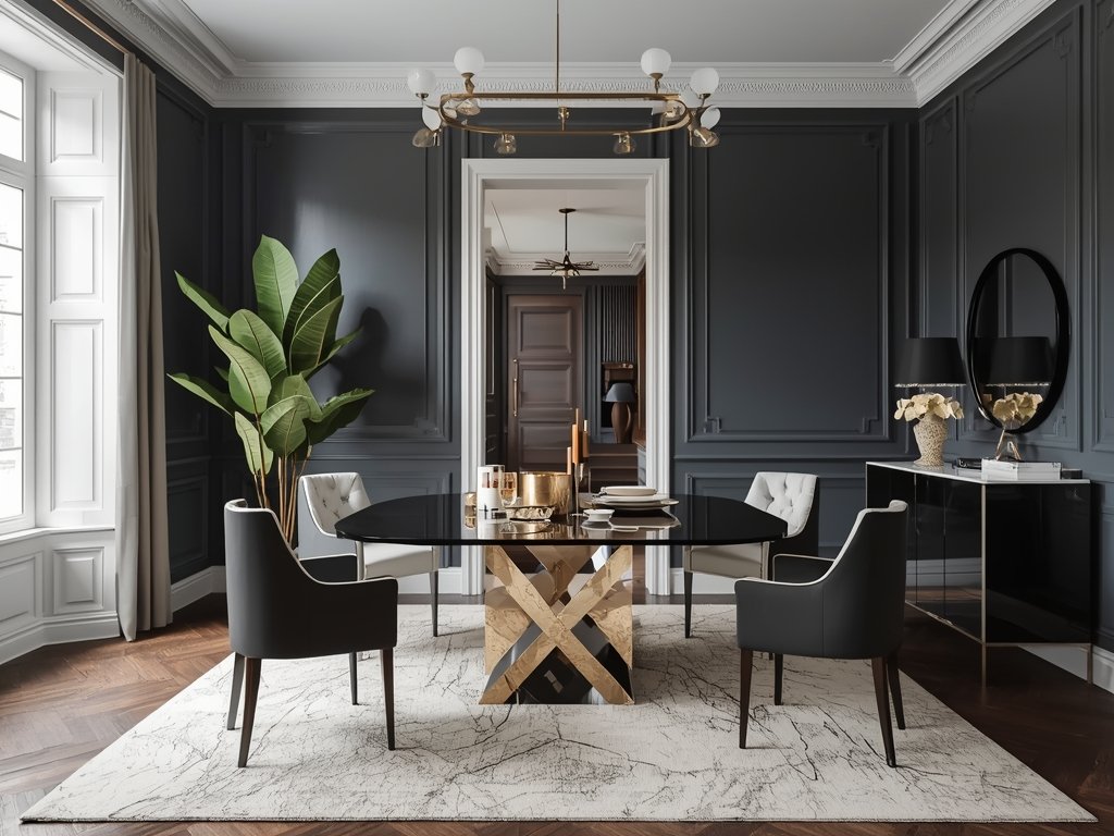 A dining room with black and chrome geometric