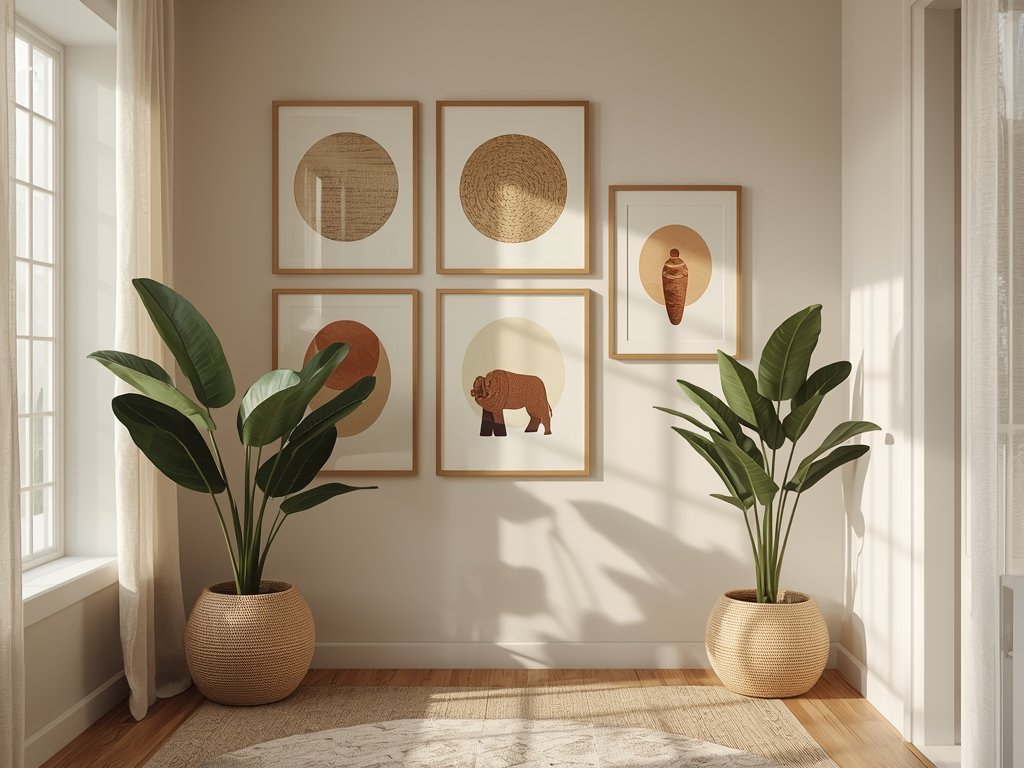 A gallery wall in a sunroom featuring African-inspired prints framed with natural fiber mats. The wall is painted in a soft linen color, and large potted plants add greenery. Warm, natural light streams through sheer curtains. Organic modern style, cinematic composition, 8K, professional interior photography.