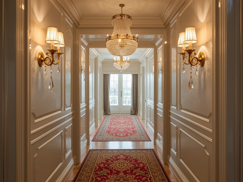 A glamorous hallway with crystal-accented brass wall lights,
