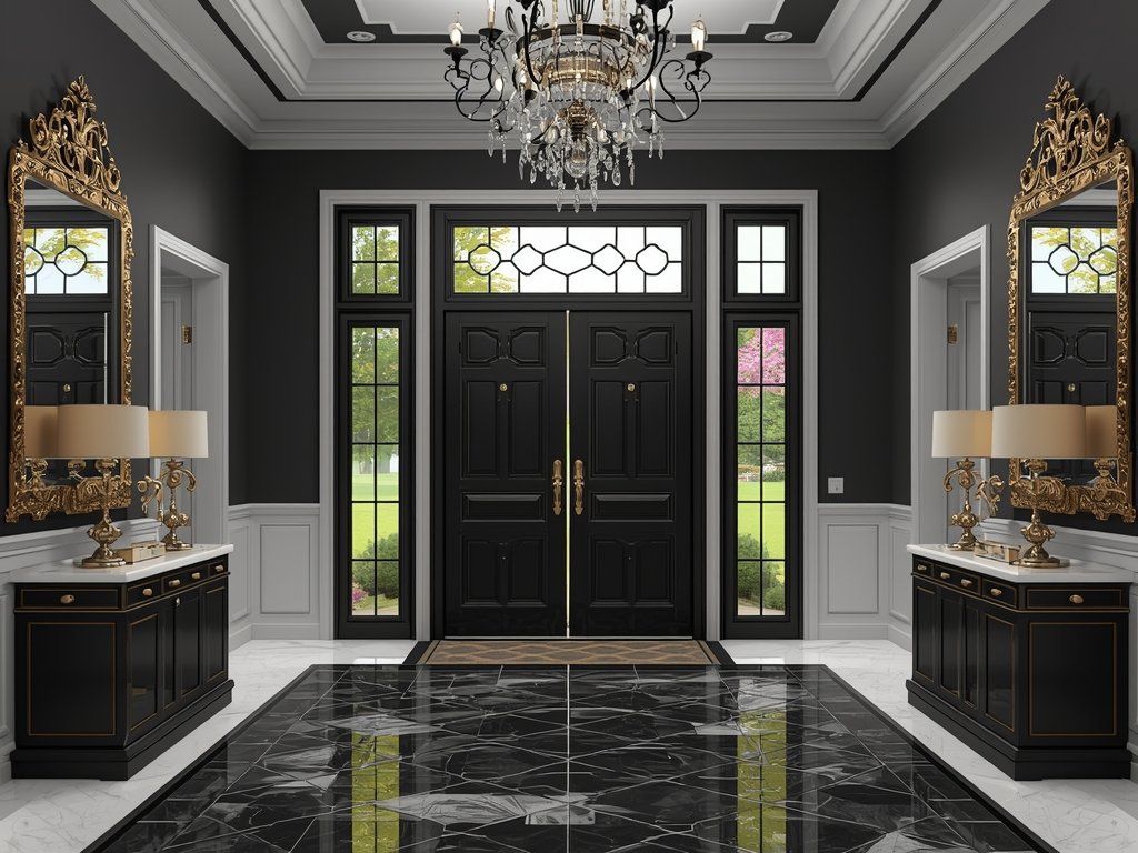 A grand foyer with a chrome and black