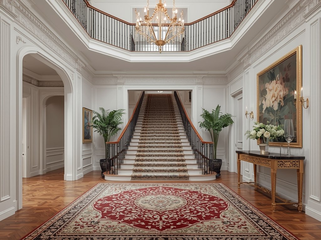 A grand foyer with a tiered brass and