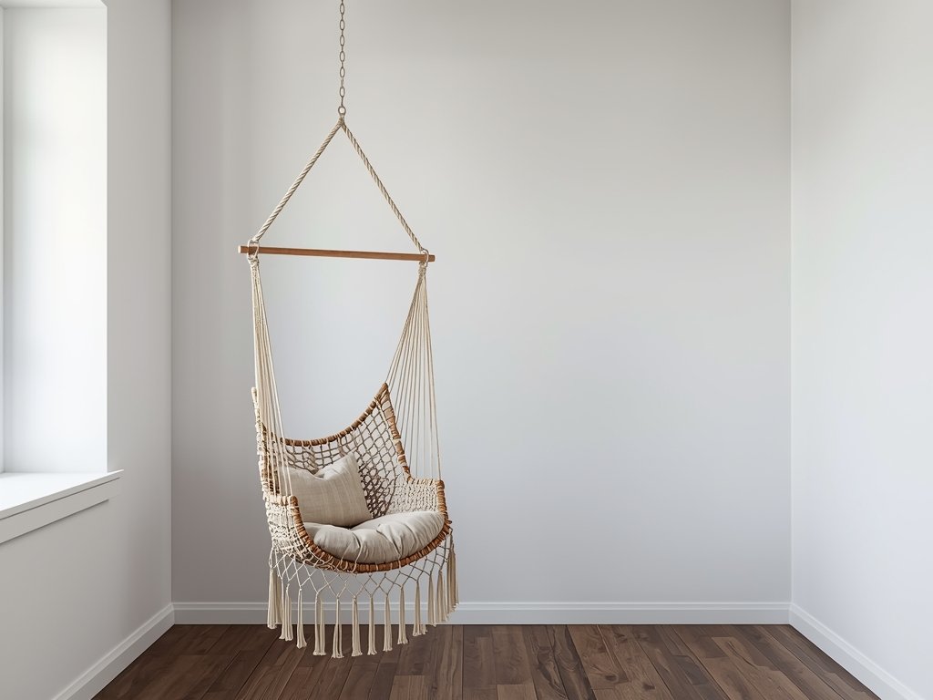 A hammock chair suspended from the ceiling, adorned