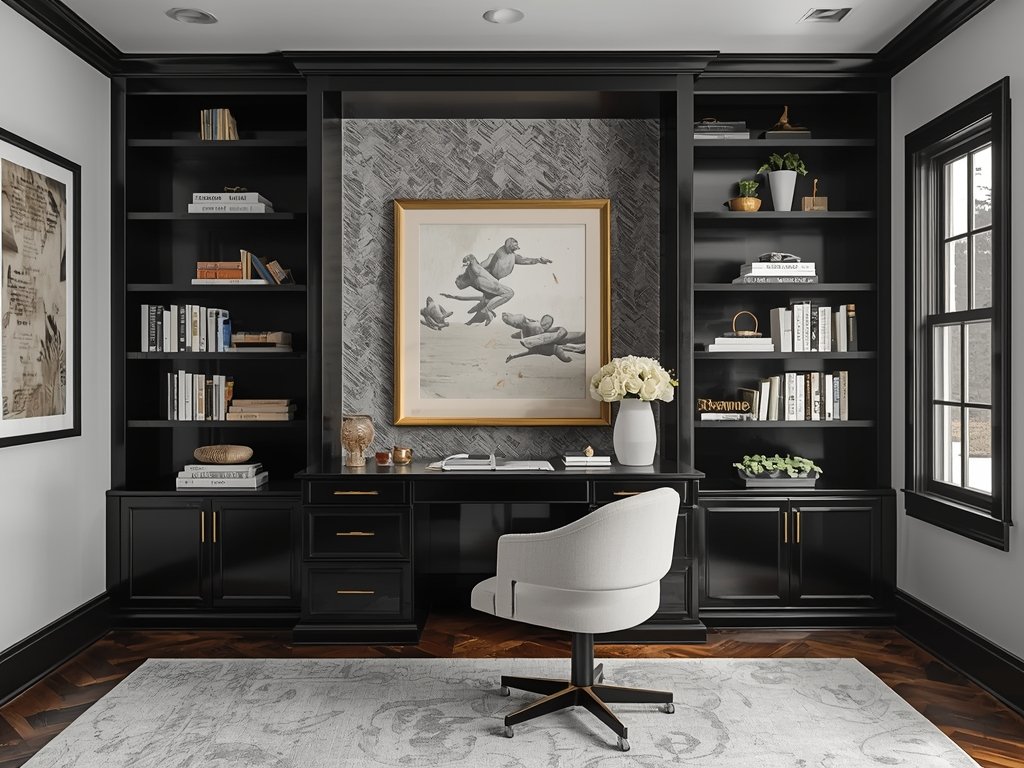 A home office with a black lacquer cabinet