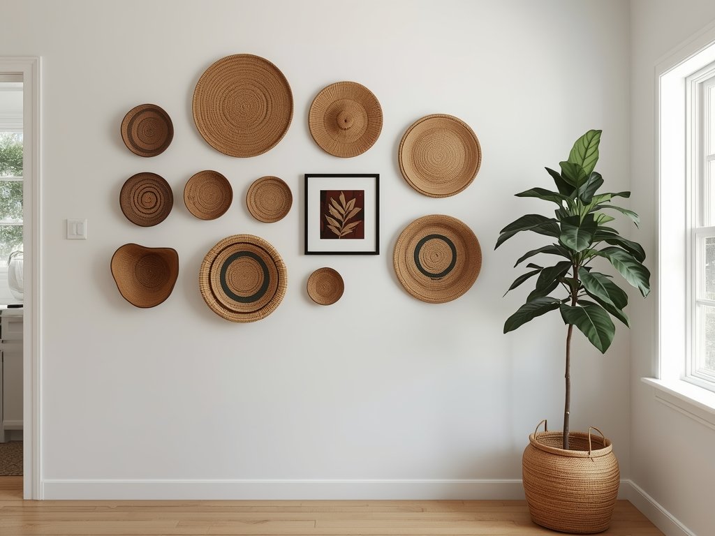 A kitchen gallery wall featuring a collection of woven baskets in various sizes and patterns, hung against a crisp white wall. Natural light from a nearby window highlights the baskets’ textures. A large potted fiddle leaf fig adds greenery to the corner. Modern organic style, cinematic composition, 8K, professional interior photography.