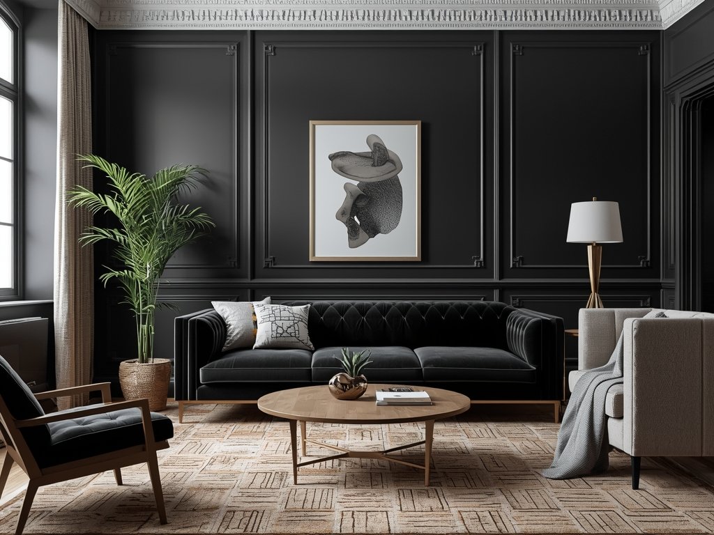 A living room featuring a black velvet sofa