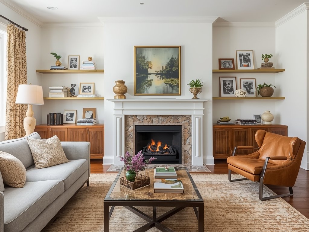 A living room with brass picture ledges displaying