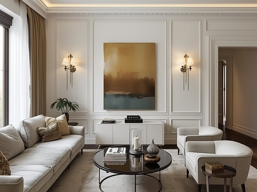 A living room with chrome sconces mounted on