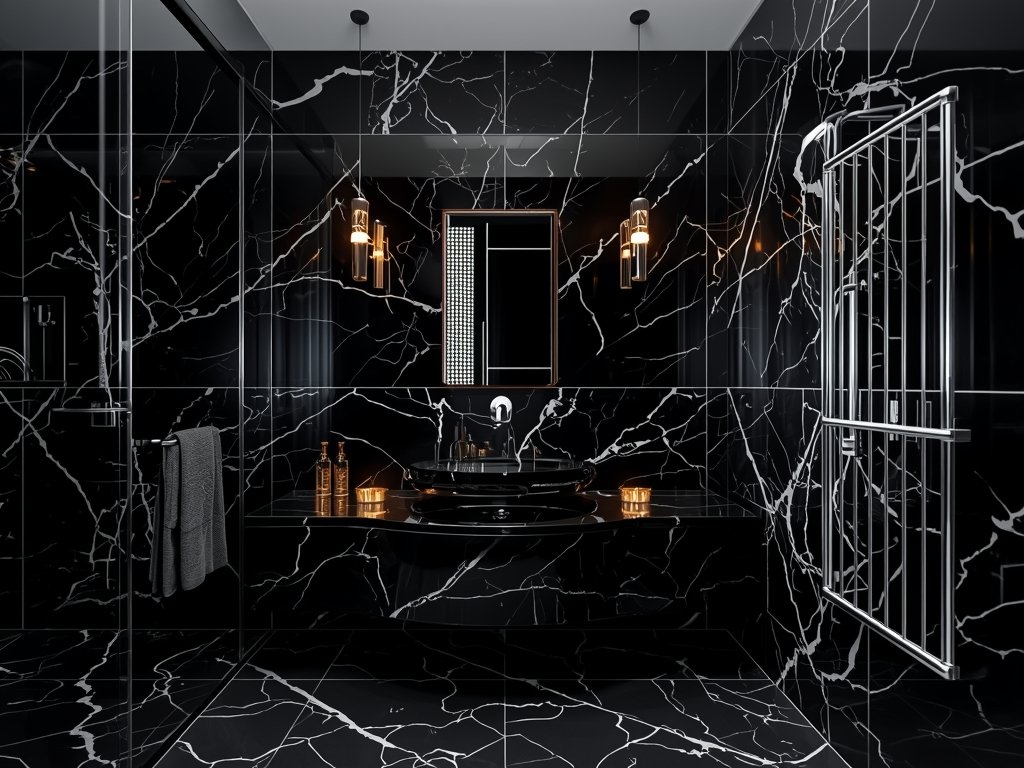 A luxe bathroom with a chrome and black