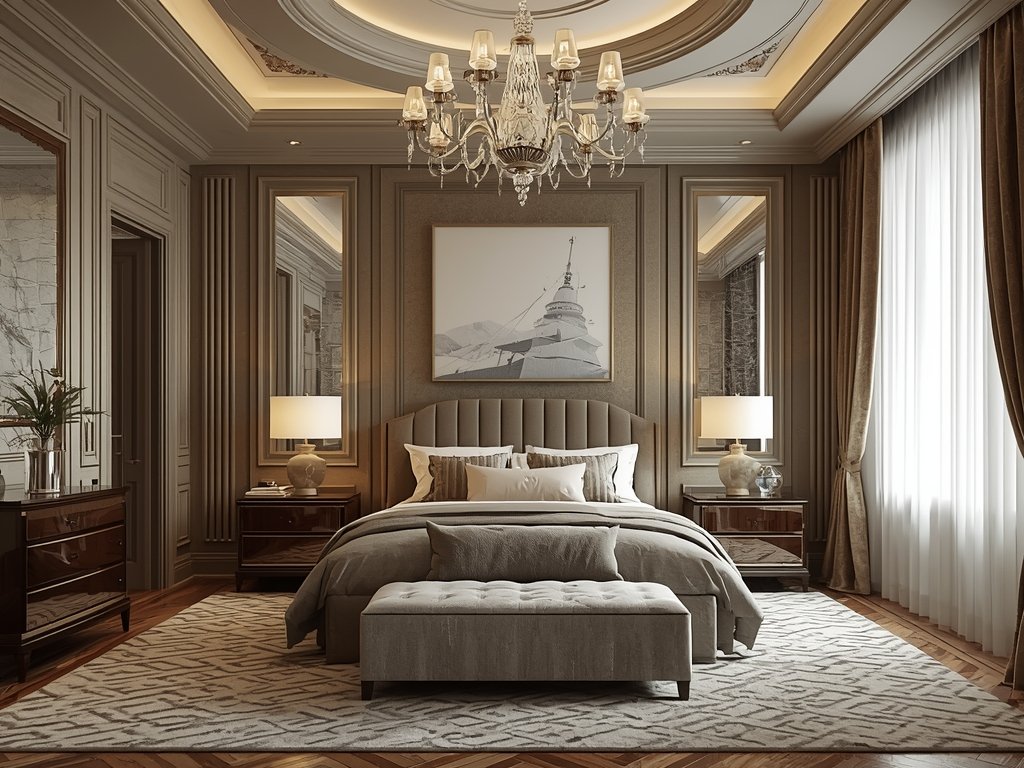 A luxurious bedroom with oversized frosted glass globe
