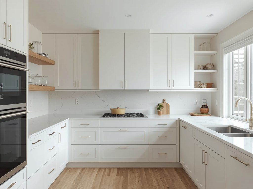 A minimalist kitchen with white shaker cabinets adorned