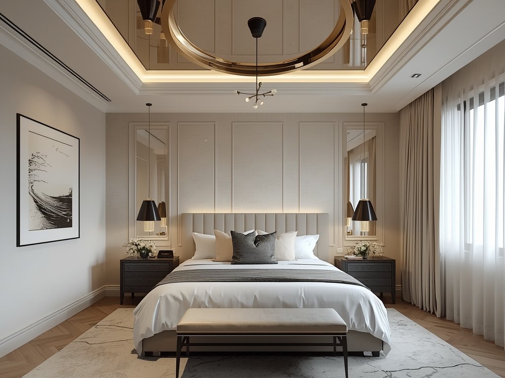 A modern bedroom with a brass statement ceiling