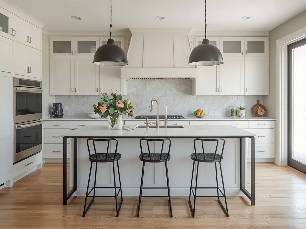 A modern kitchen island with three black iron